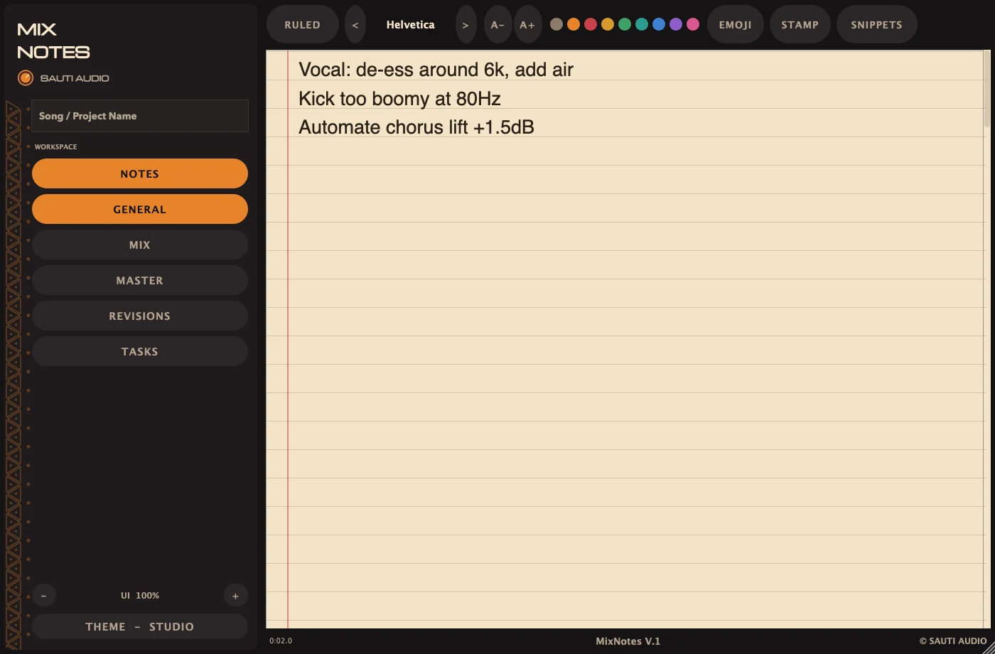 The Mix Notes notes page on ruled cream paper